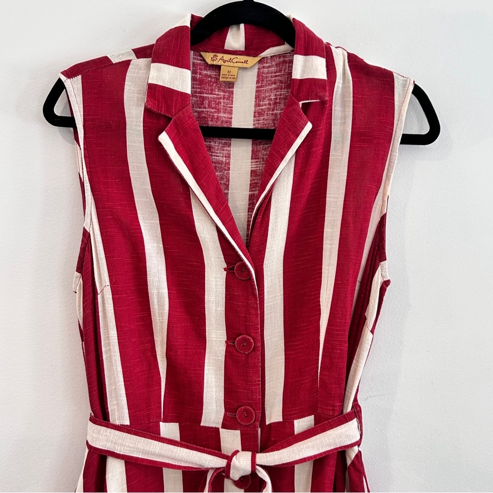 April Cornel Striped Cotton Weave Sleeveless Button Front Midi Twirl Dress - Picture 9 of 15